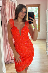 Sparkly Orange Sequins Tight Short Homecoming Dress with Feathers